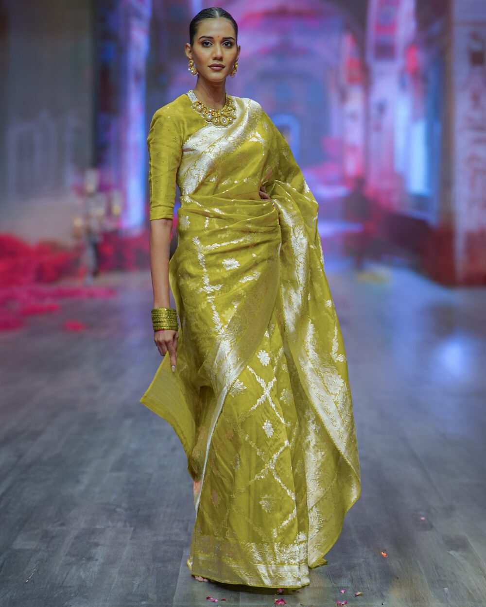 Lime Green Kora Banaras Handloom Silk Saree