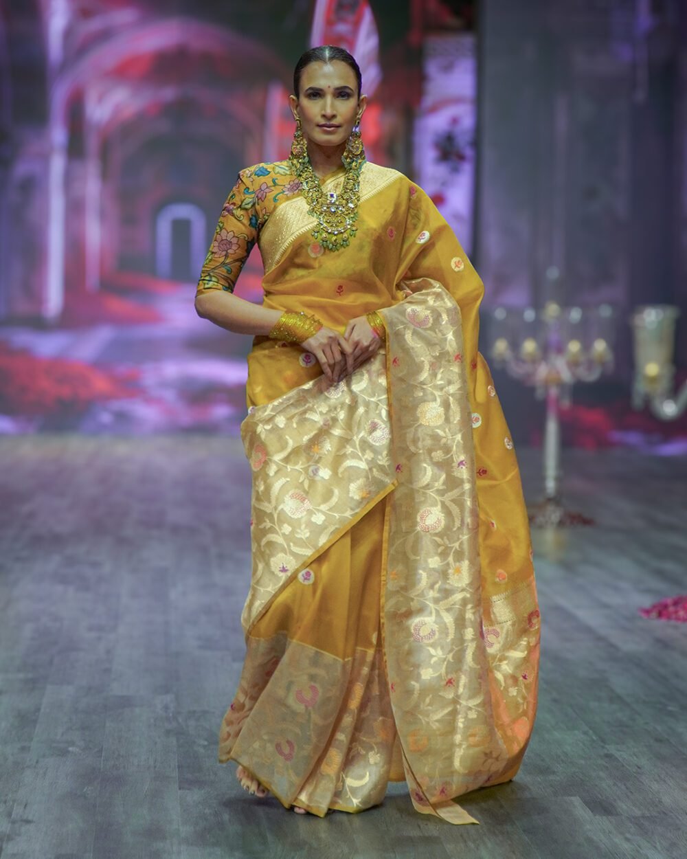 Mustard Yellow Kora Banaras Handloom Silk Saree