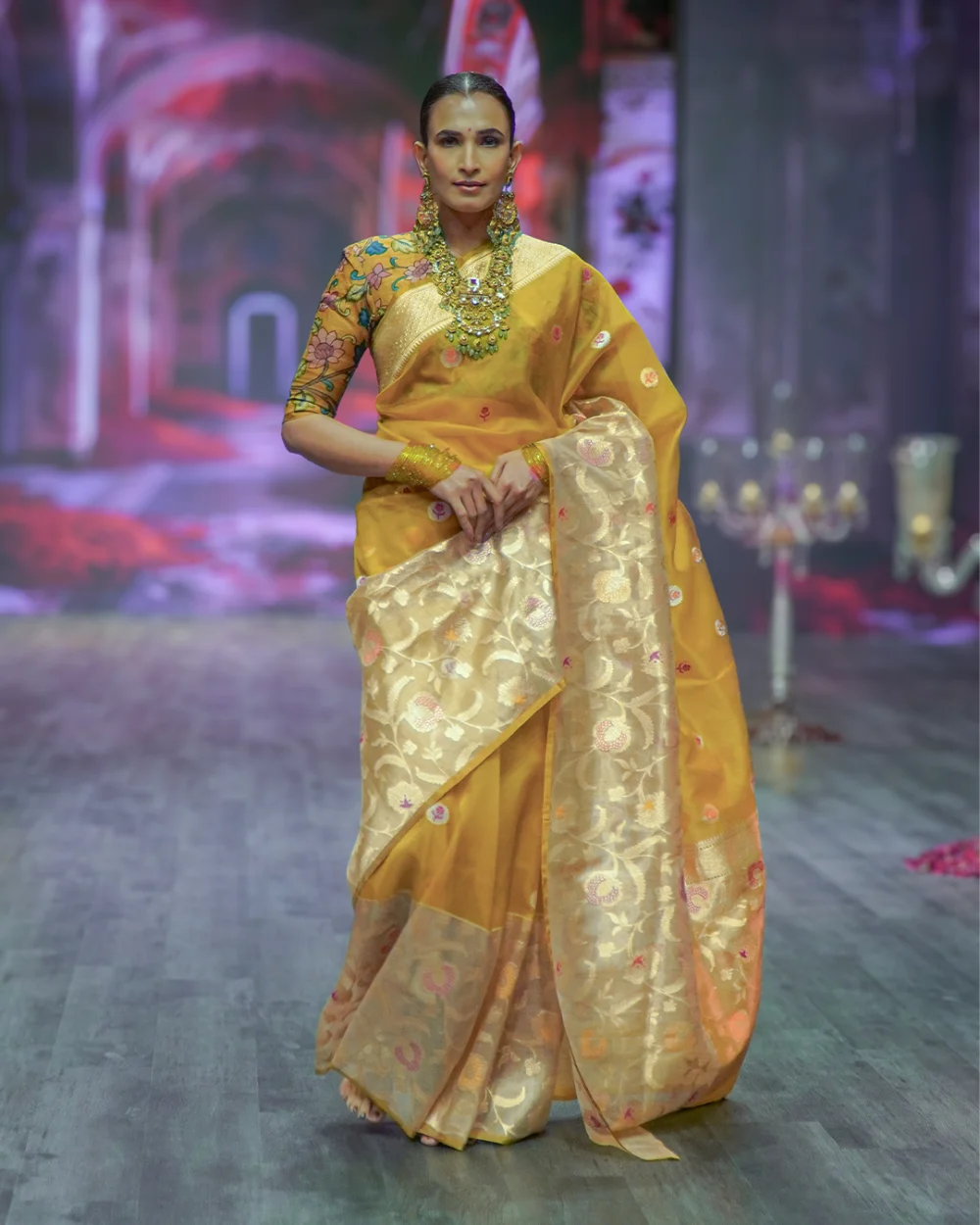 Mustard Yellow Kora Banaras Handloom Silk Saree