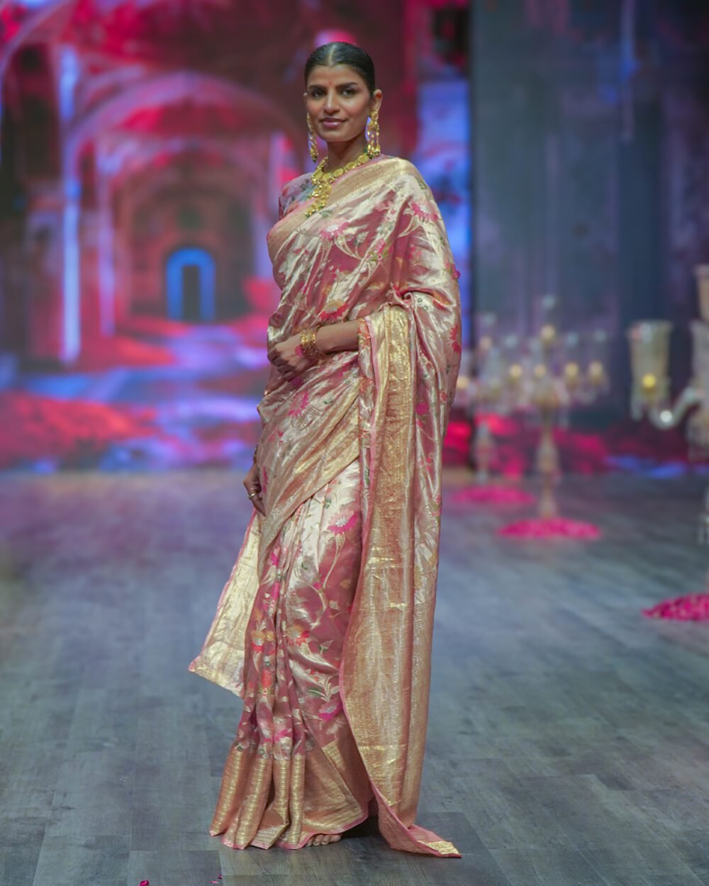 Rose Gold Jaal Banarasi Tissue Handloom Silk Saree