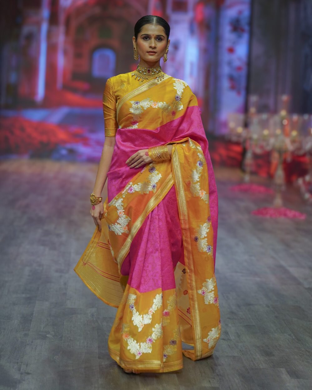 Rani Pink & Mustard Yellow Banaras Handloom Silk Saree