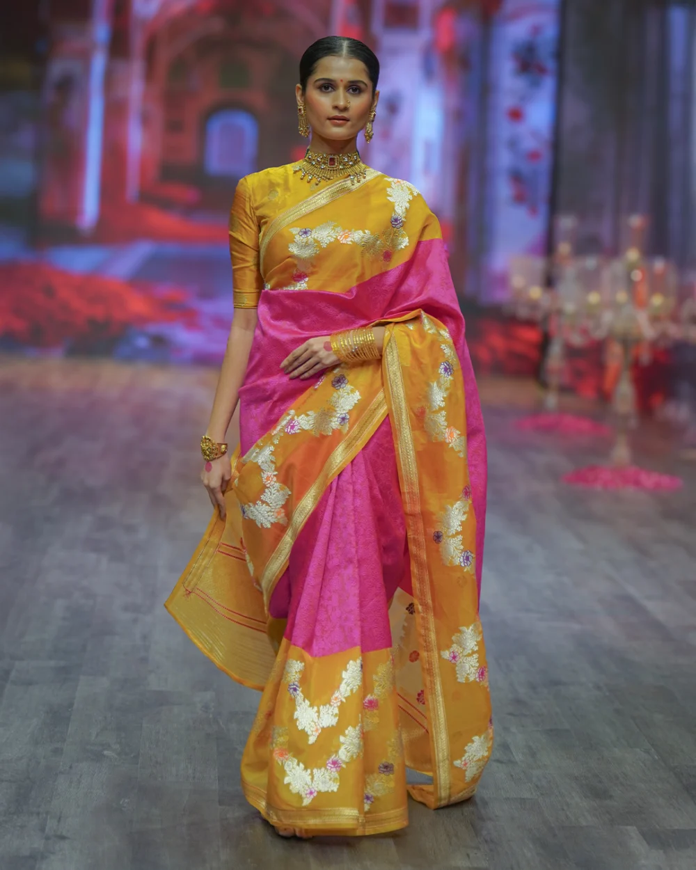 Rani Pink & Mustard Yellow Banaras Handloom Silk Saree