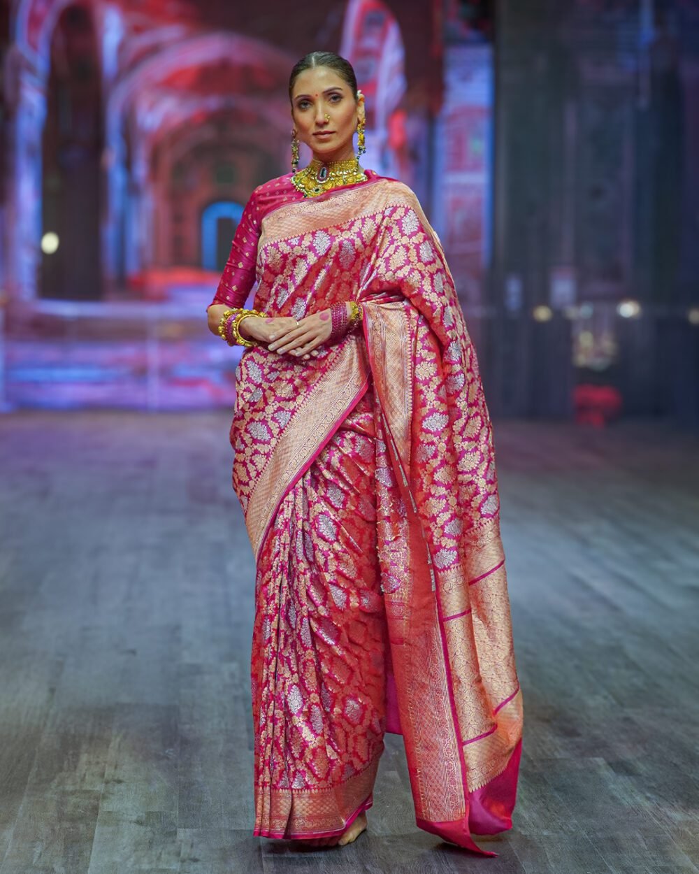 Hot Pink & Orange Banaras Handloom Silk Saree.
