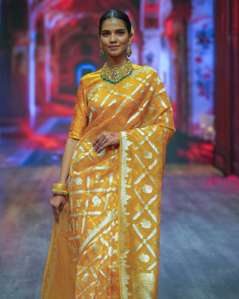 Mustard Yellow Kora Banaras Handloom Silk Saree
