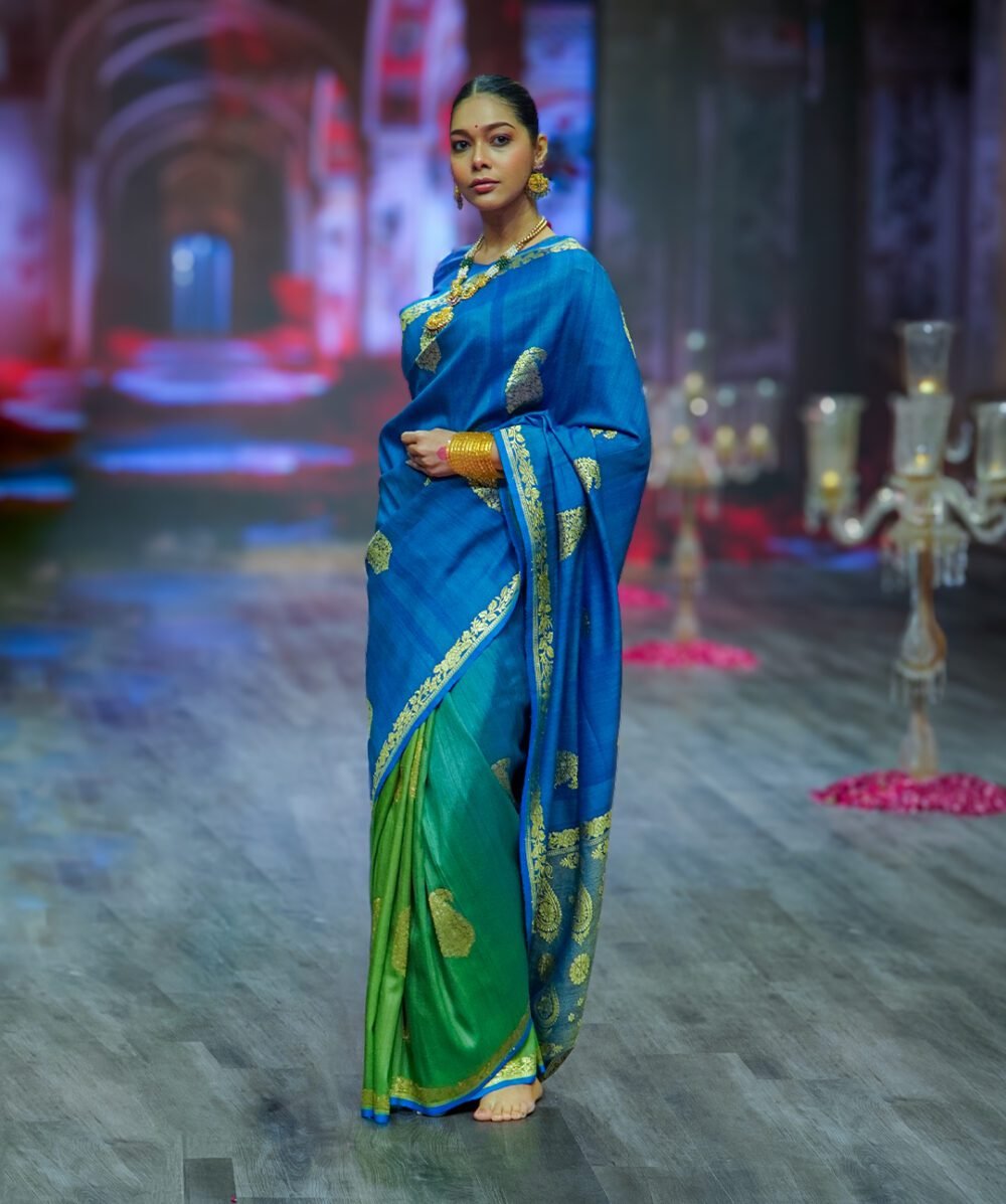 Peacock Blue & Green Half-and-Half Tussar Silk Saree