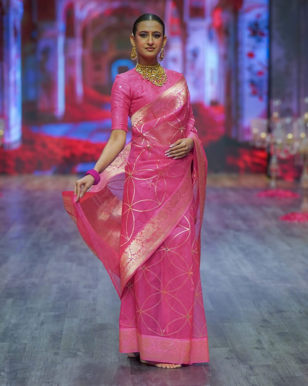 Candy Pink Kora Banaras Handloom Silk Saree
