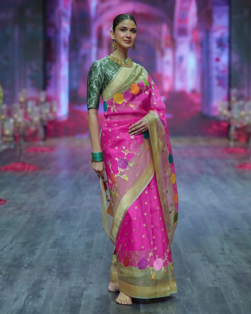 Hot Pink Kora Banaras Handloom Silk Saree