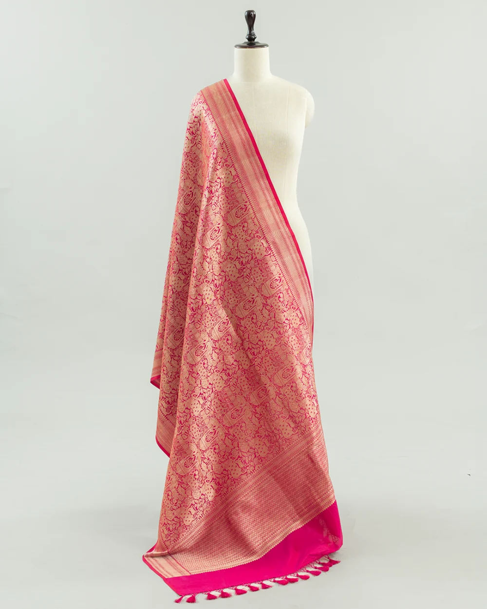 Rani Pink & Gold Shikargah Banarasi Silk Dupatta