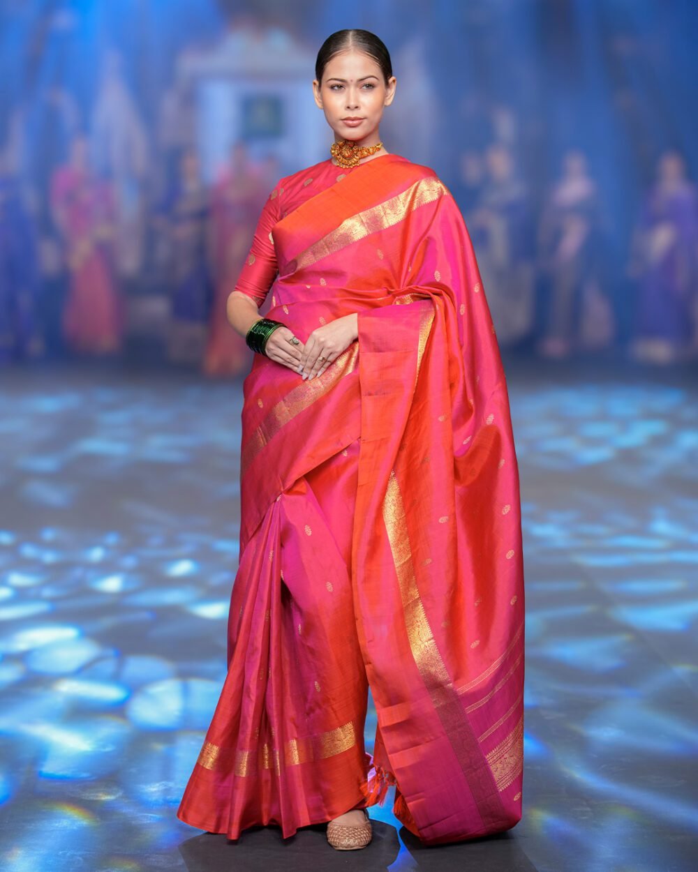 Orangish Pink Kanjivaram Handloom Silk Saree