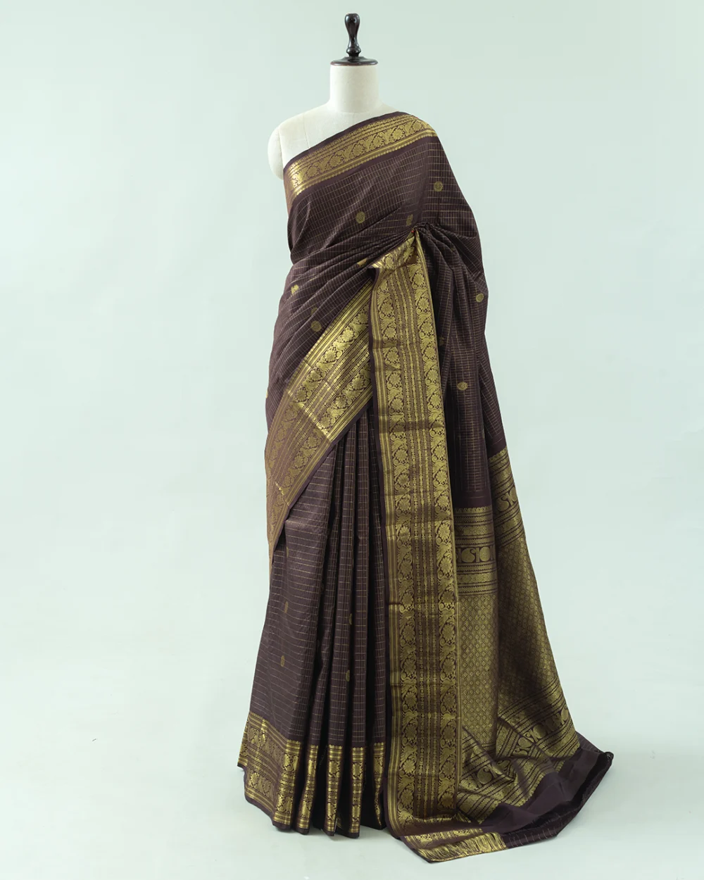 Chocolate Brown Kattam Kanjivaram Handloom Silk Saree