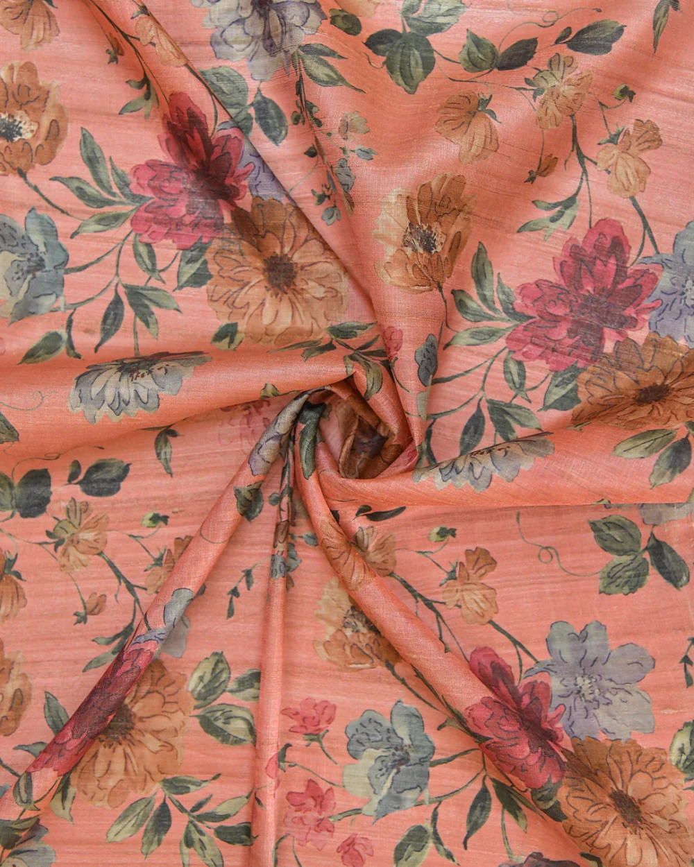 Peach Floral Tussar Silk Fabric