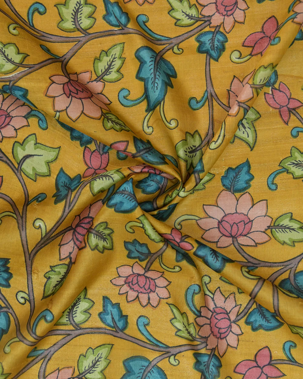 Mustard Yellow Kalamkari Tussar Silk Fabric