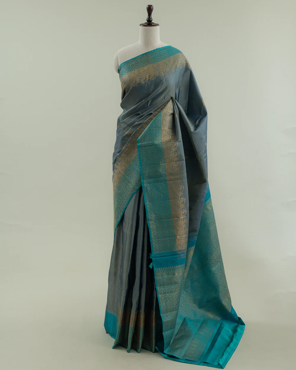 Grey & Teal Kanjivaram Handloom Silk Saree