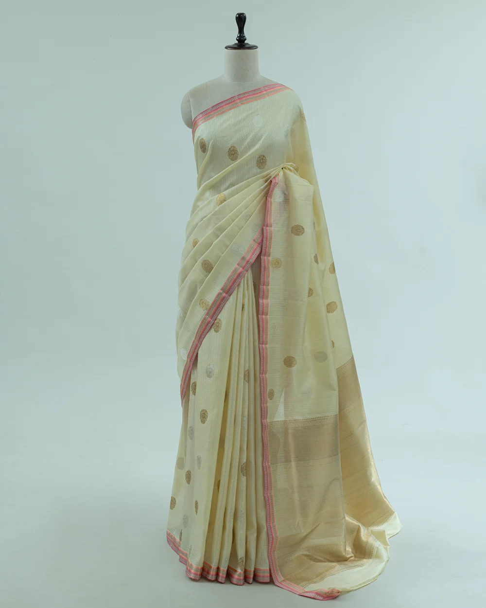 Pearl White & Pink Kota Kanjivaram Handloom Silk Saree
