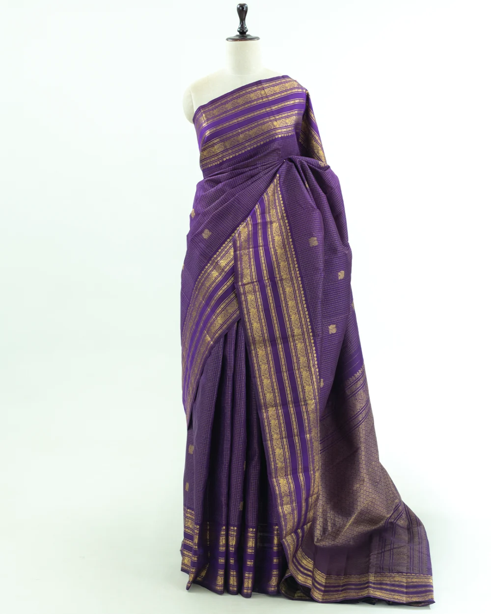 Royal Purple Checks Kanjivaram Handloom Silk Saree