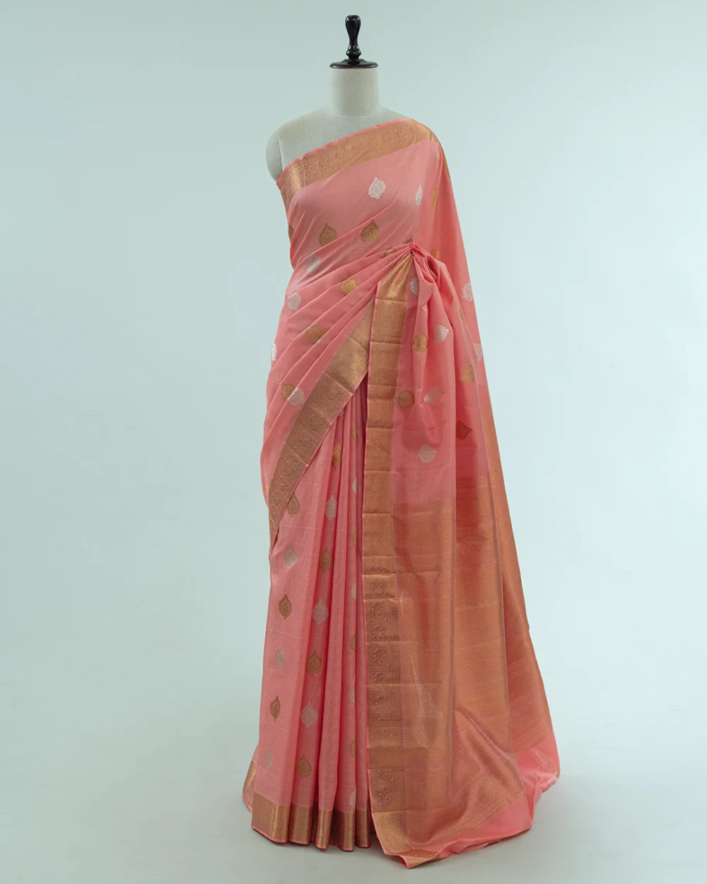 Dark Peach Kota Kanjivaram Handloom Silk Saree