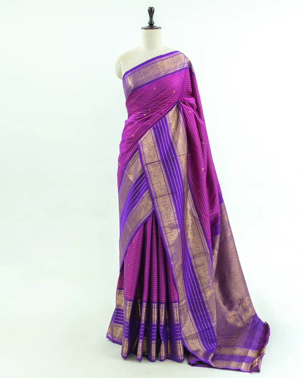 Magenta Checks Kanjivaram Handloom Silk Saree