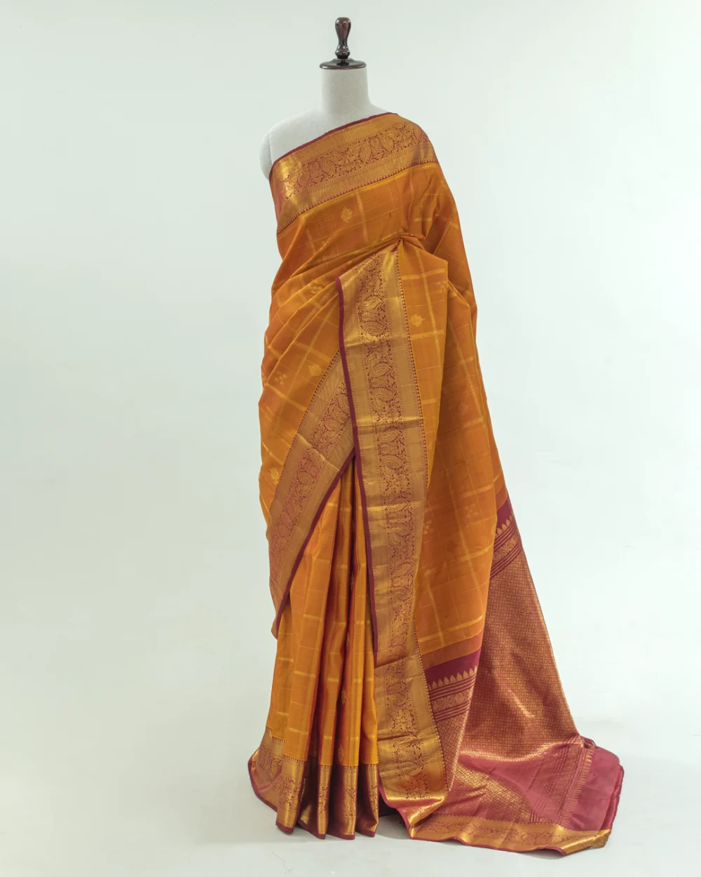 Mustard & Maroon Kanjivaram Handloom Silk Saree