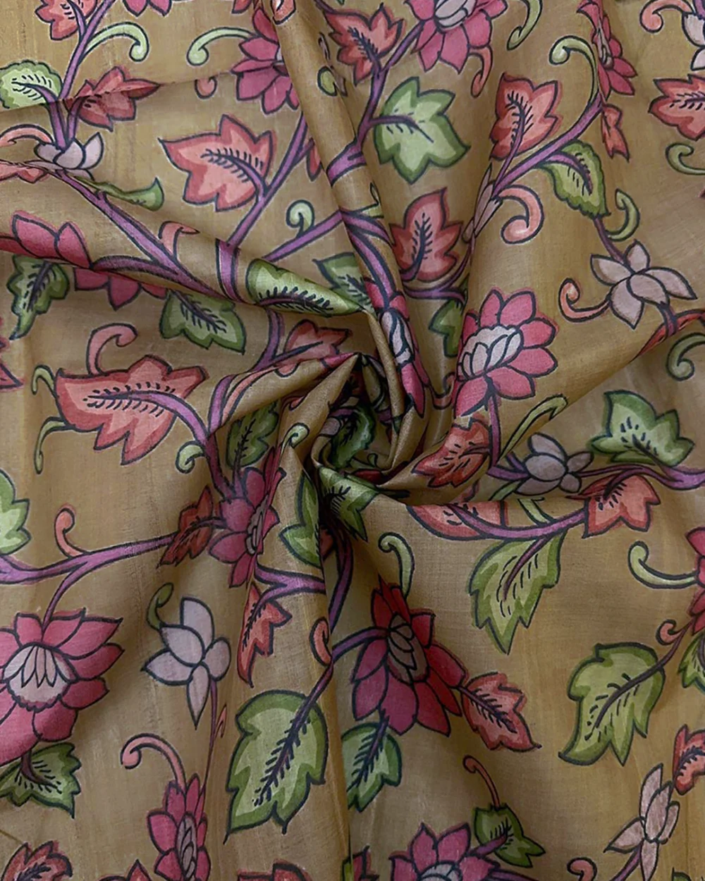 Antique Mustard Gold Kalamkari Tussar Silk Fabric
