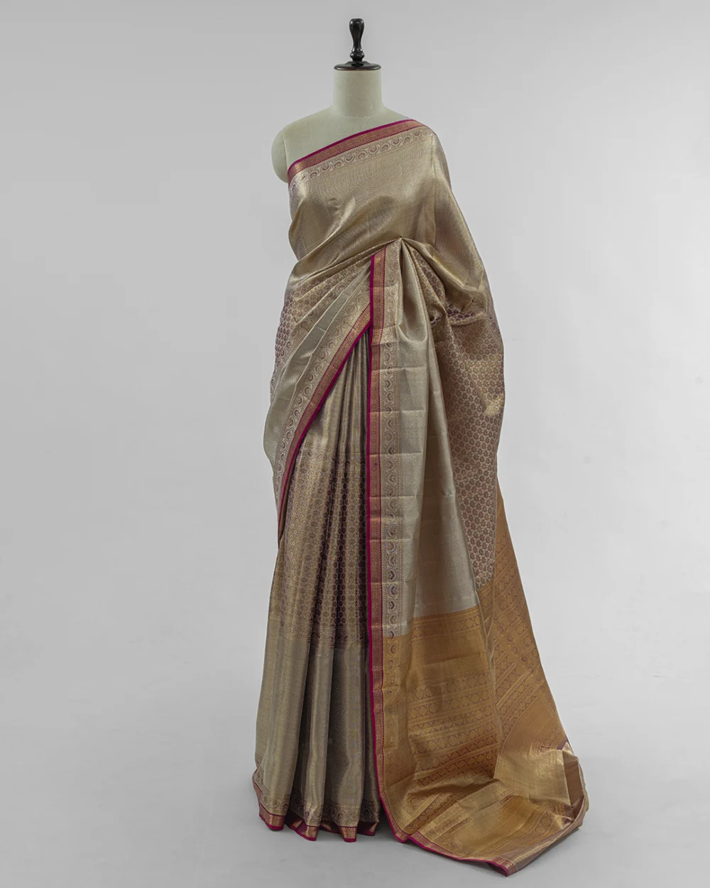 Antique Gold & Rani Pink Tissue Kanjivaram Handloom Silk Saree