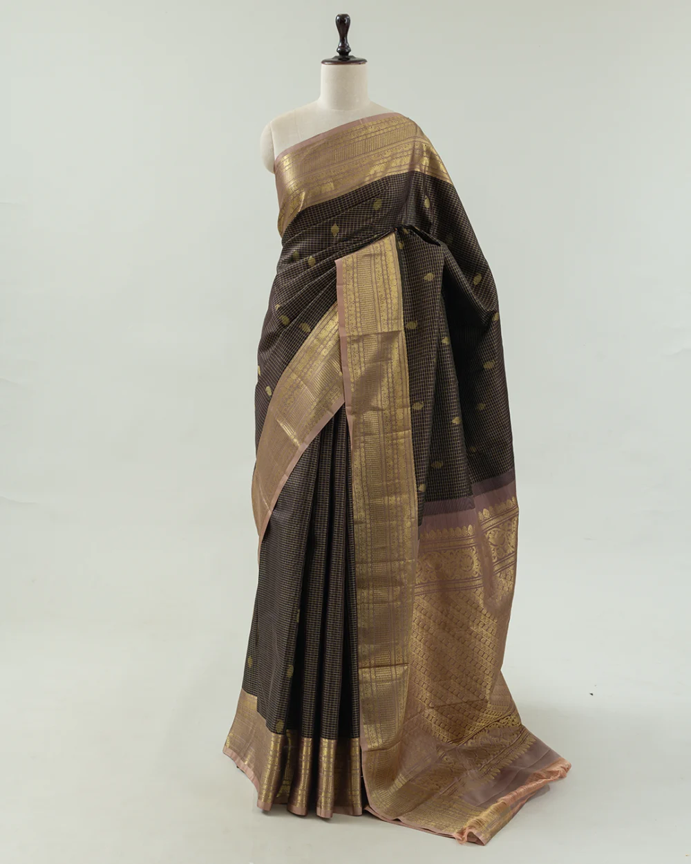 Black & Dark Beige Kattam Kanjivaram Handloom Silk Saree