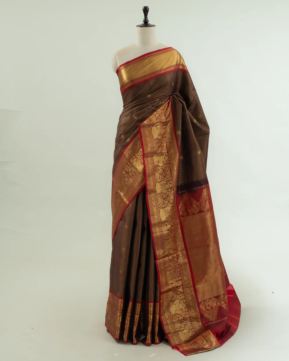 Deep Brown Checks Kanjivaram Handloom Silk Saree