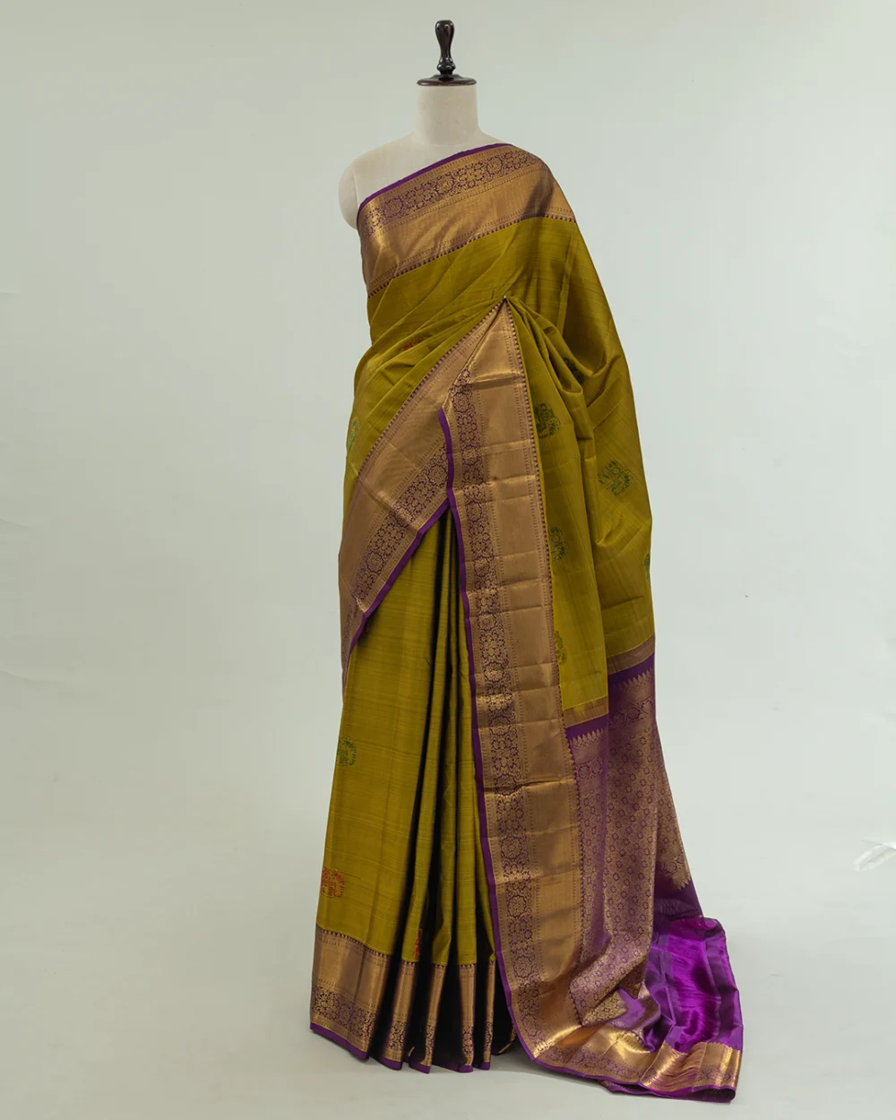 Olive Green & Purple Kanjivaram Handloom Silk Saree