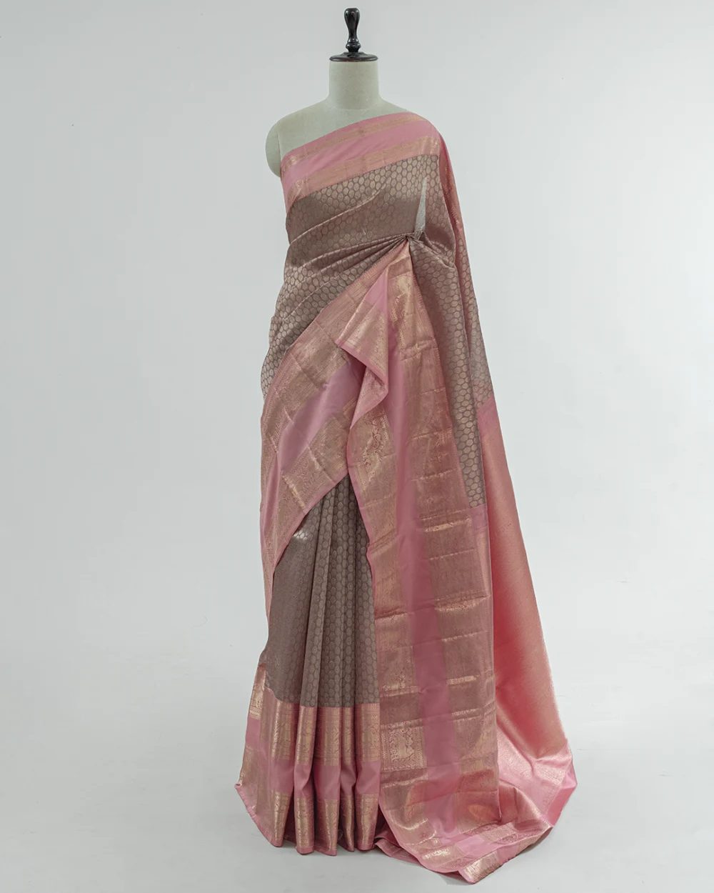 Deep Mauve & Pink Peach Kora Kanjivaram Handloom Silk Saree