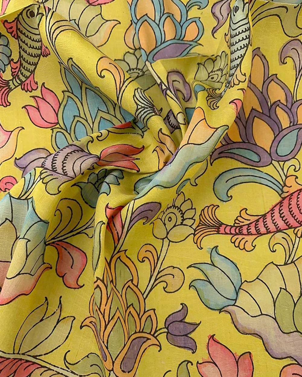 Lemon Yellow Kalamkari Raw Silk Fabric