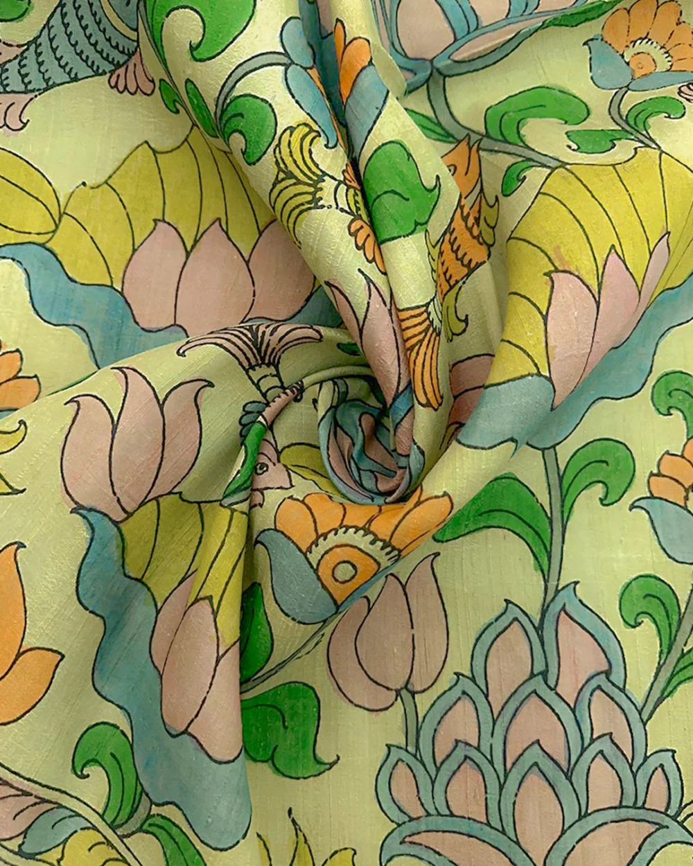Light Green Kalamkari Raw Silk Fabric