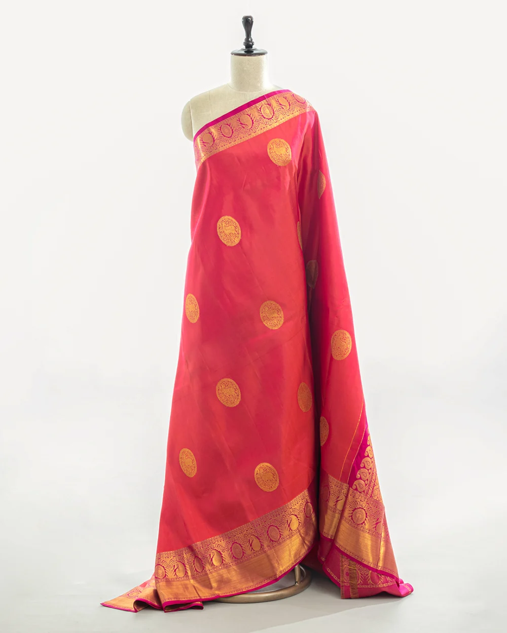 Pinkish Red Kanjivaram Handloom Silk Saree
