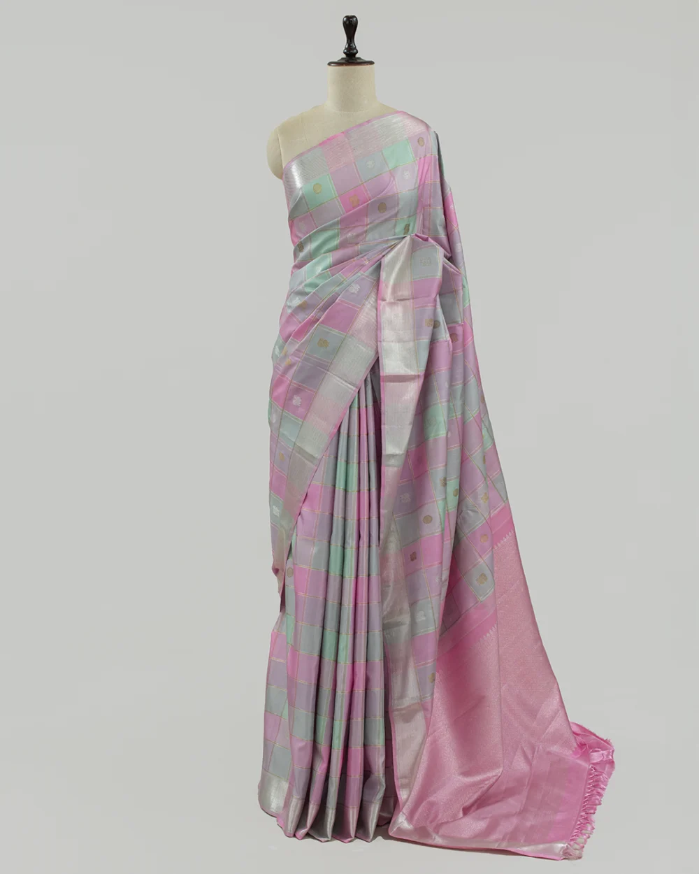Pastel Checks Kanjivaram Handloom Silk Saree