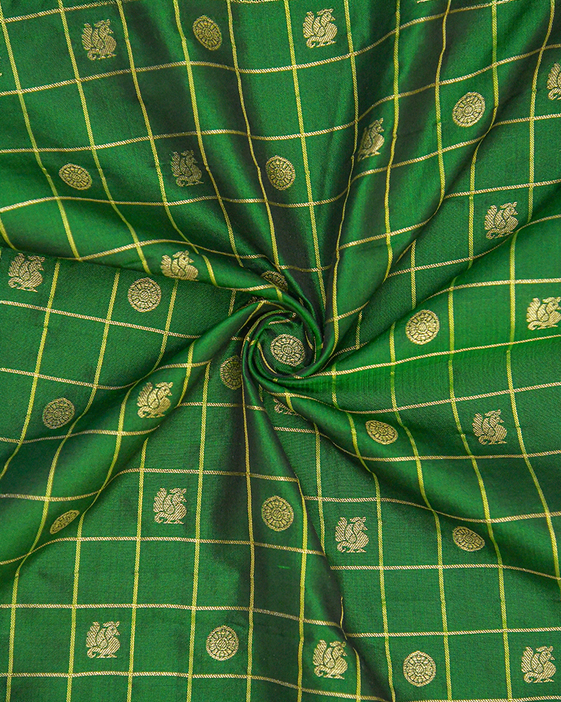 Green Silk Zari Checks fabric