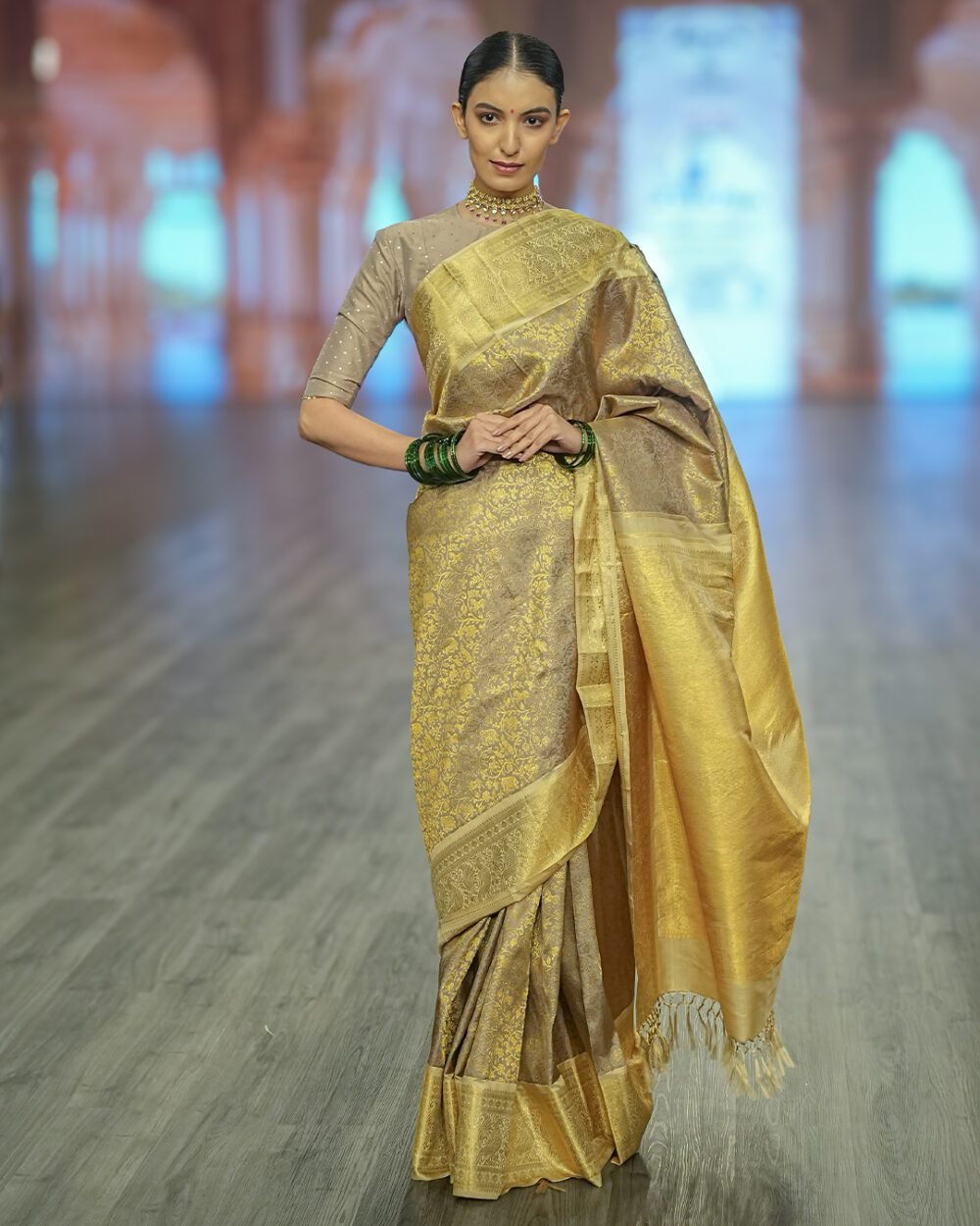 Beige Gold & Cream Kanjivaram Handloom Silk Saree
