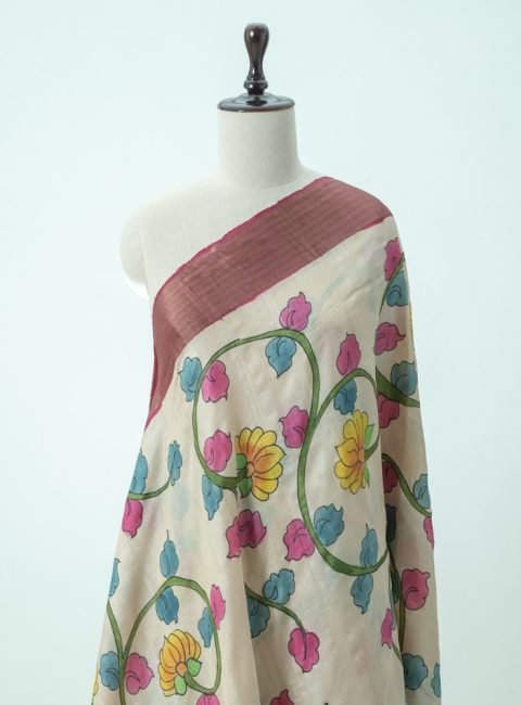 Biege Tussar Kalamkari Saree